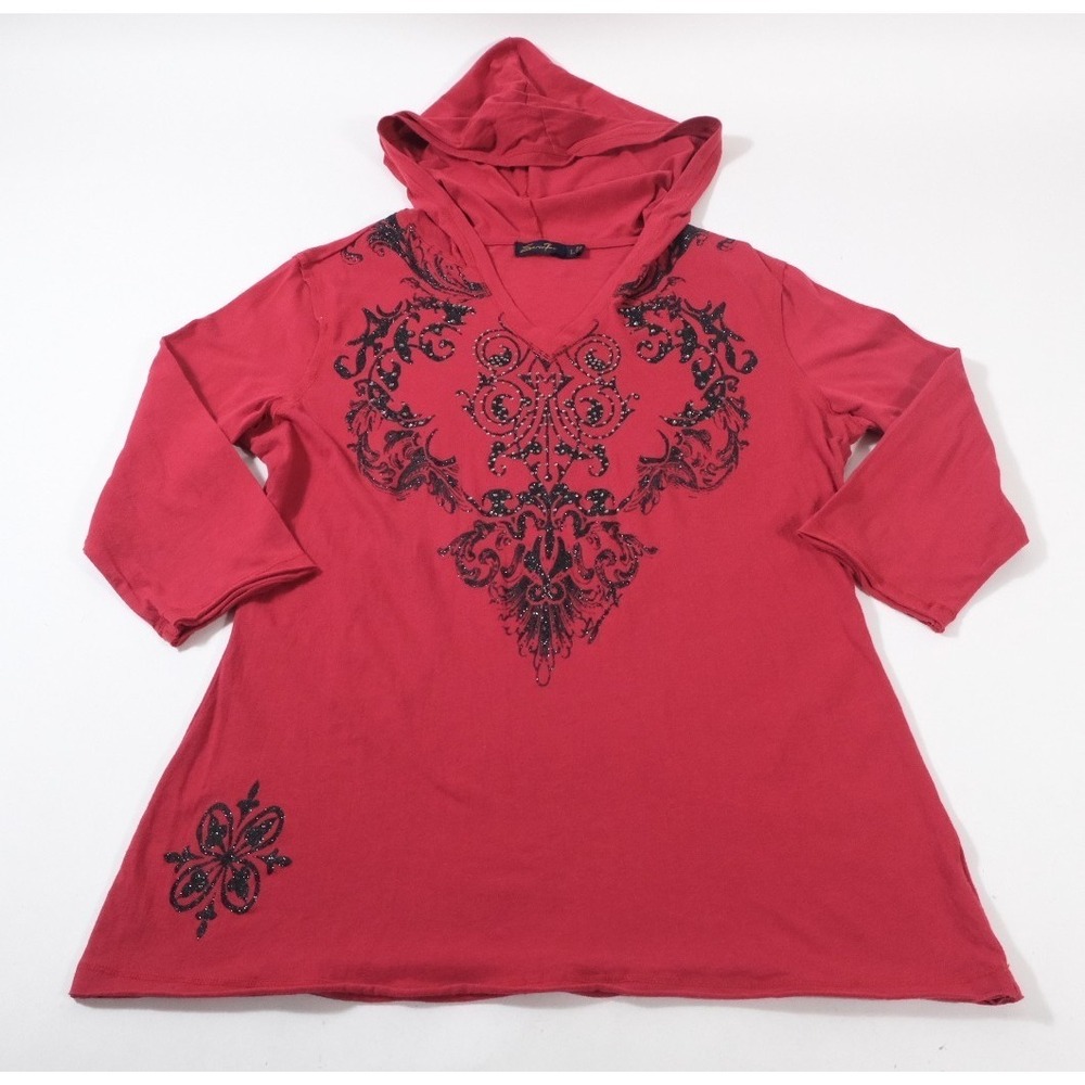 Seven7 Hooded‎ Top Women Large Red Graphic Print V-Neck 3/4 Sleeve Pullover